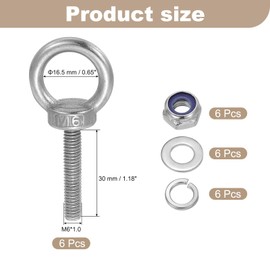 sourcing map Lifting Shoulder Eye Bolt M6 x 30 mm, 304 Stainless Steel Ring Shape Male Thread Eyebolt with Nuts Washers for Engineering Port Marine Hanging Pack of 6
