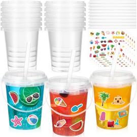 Funnymoom 12 Sets 34 oz Plastic Drink Buckets with Lid and Straws 6 Sheets Summer Stickers Clear Drink Cup Disposable Cocktail Rum Buckets Reusable Ice Cream Pails for Summer Beach Pool Party Favors