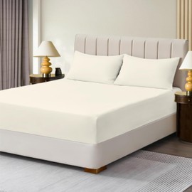 R&Z Extra Deep Polycotton Non Iron Fitted Sheet Easy Care 40cm (Cream, Double)