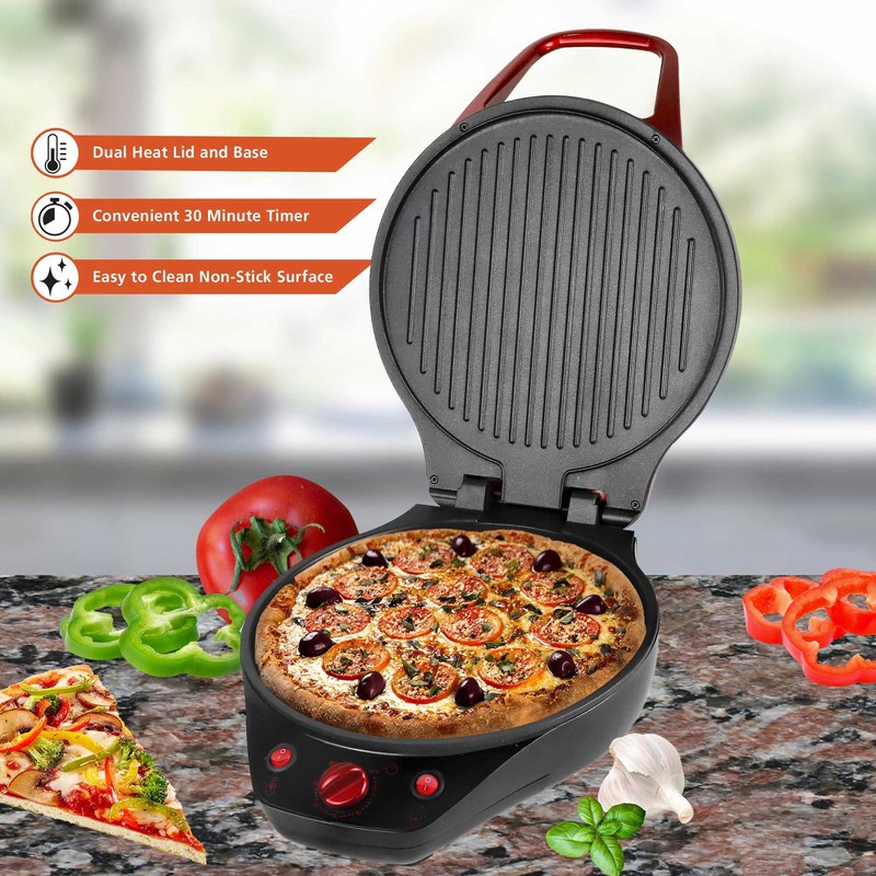 Brentwood TS-124R 12-Inch Non-Stick Pizza Maker and Grill with Timer,