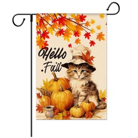 Hello Fall Garden Flags for Outside Decorations, Fall Thanksgiving Cat Pumpkin Flag, Harvest Autumn Seasonal Farmhouse Holiday Outdoor Decor 12x18 Inch