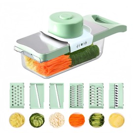 Vegetable Chopper, Mandoline Food Slicer Cutter with Handheld Container, 6 Blades and Blade Box, Cucumber Slicer, Magnetic Kitchen Tools for Veggie Potato Onion Carrot (Green(No magnet), 8 in 1)