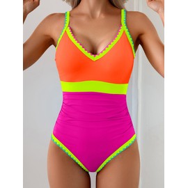 Aidonger One Piece Swimsuit for Women Tummy Control Color Block Bathing Suit V Neck Shell Stitched Tie Back Swimwear