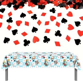 Alice in Wonderland Tablecloth Set - 130 X 220CM Blue Alice in Wonderland Table Cover with Poker Confetti, Mad Hatters Tea Party Decorations, Afternoon Tea Table Cloth, Waterproof PE Party Tablecloth