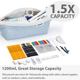 SPACEMATE Pencil Case Pouch Bag School Supplies for Girls, Cute Aesthetic Corduroy Pen Case, Simple Large Big Capacity Zipper Stationery Bag for Women Teen Adults, Light Blue, 1200ml