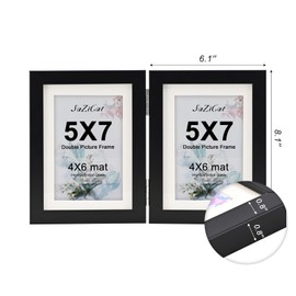 SaZiCat Double Hinged 5x7 Picture Frame with Tempered Glass-Tabletop or Wall Mounted, Display for 4x6 & 5x7 Photos (with/without Mat)-Classic Black, For Family Photos & Wedding Memories-H57X2