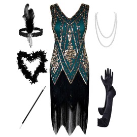 PrettyGuide Women's 1920s Flapper Dress Vintage Swing Fringed Charleston Dress with 20s Accessories Set Gold Malachite Green XXL