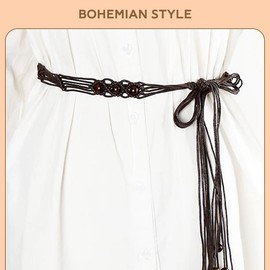 Boho Western Beaded Woven Rope Belt with Long Tassel Dark Brown Braided Waist Belts for Women Fashion Vintage Strap Tie Knotted Fringe Belts