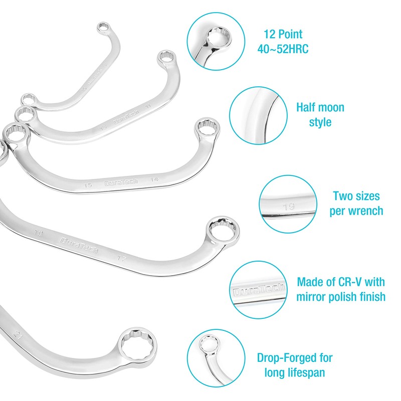 DURATECH Half Moon Box Wrench Set, Metric, 5-Piece, 8mm to