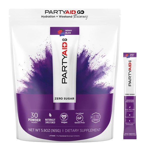 PARTYAID GO Feel Good Tonight and Tomorrow, Zero Sugar, 5-HTP, B-Complex, Milk Thistle, Electrolytes, No Artificial Flavors or Sweeteners, Caffeine-Free, 30 Count (Pack of 1)