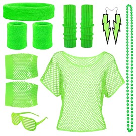 DGUSO 80s Outfit Women's 90s Outfit Women's 12 Pieces Neon Party Outfit, Mesh Top Women, Green 90s Party Clothing, Aerobic Body 80s for Neon Retro Party Carnival