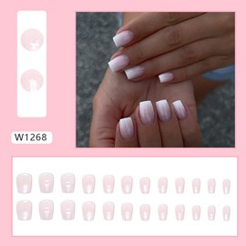 Vezocim Glossy Full Cover Coffin Acrylic False Nails Sets, 24Pcs Press on Nails Short with White Gradient Designs, Artificial Square Fake Nails Glue Fingernails with Charm for Women