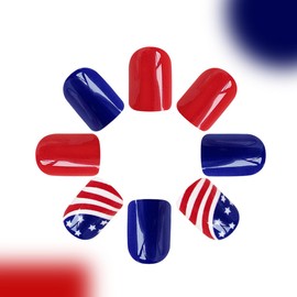 Short Square Press on Nails Independence Day False Nails with American five-pointed Star With Red Stripes Design Glossy Acrylic Nails Full Cover Artificial Glue on Nails Stick on Nails for Women 24Pcs