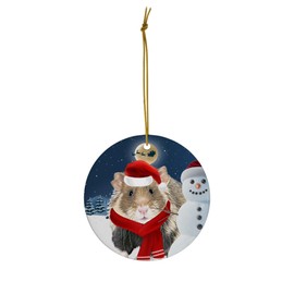 Festive Winter Night Pet and Snowman Ornament - European Hamster Christmas Ornament Circle Ceramic - Funny Holiday Xmas Tree Decoration Gifts for Hamster Lovers