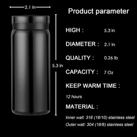 Mini Thermos Cute Water Bottle - 7 oz Tiny Insulated Vacuum 18/10 Stainless Steel Small Flask - Leak Proof & Spill Proof & Keeps Cold and Hot for Drink, Coffee, Tea - Black