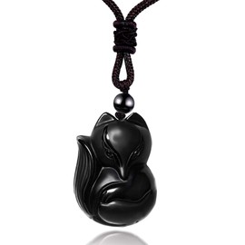 JewelBeauty Fox Black Obsidian Necklaces Healing Crystal Gemstone Lucky Amulet Talisman Protection Necklace for Women Men (Black Obsidian)