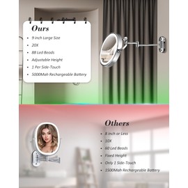 vpu 9" Wall Mounted Makeup Mirror with Light, 20X/1X Height Adjustable Double Sided Magnifying Bathroom Lighted Mirror, 3 Color Touch Dimmable Extended Arm 360 Rotation Light up Magnification Mirrors