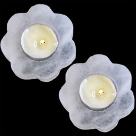 AMOYSTONE Selenite Tealight Holders Small Sunflower Shaped Crystal Candle Holders Decorative Tealight Candlestick White Candle Stand 3" 2PC