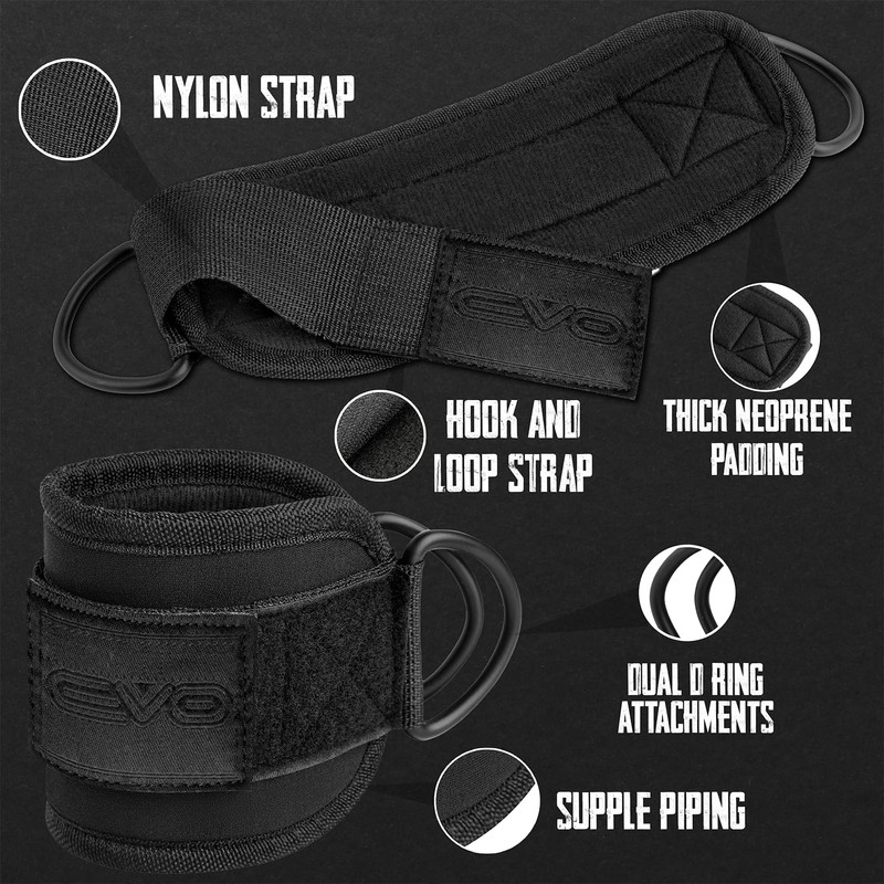 EVO Fitness PAIR Ankle Straps For Cable machines, Padded Cable