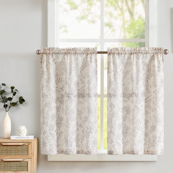 TOPICK Net Curtain, Linen Curtain, Floral Printed Bistro Curtain, Window