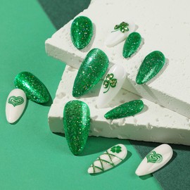 St. Patrick's Day Press on Nails Medium Almond Fake Nails with Rhinestones Shamrock Designs Glossy Glue on Nails Green Glitter Acrylic Nails White False Nails Spring Stick on Nails for Women 24Pcs