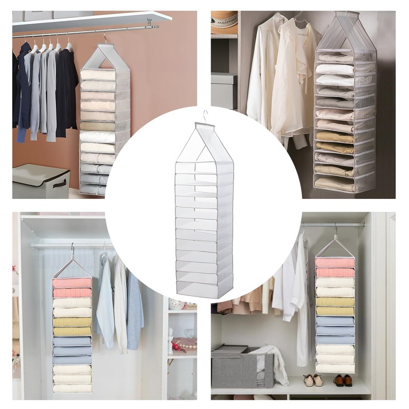 Yeelan 12 Compartments Hanging Shelf, Hanging Organiser, Foldable Wardrobe Organiser,