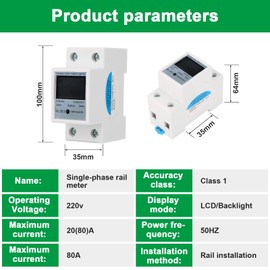 Single-Phase Electricity Meter - Digital 1-Phase 2-Pin Electronic KWh Meter KWh Rail Meter 220V 5 (80) A