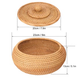 Geytetqi Round Rattan Boxes with Lid - 8.66 x 5.12 Inch Hand-Woven Round Basket with lid, Compact and Decorative Table Storage Rattan Basket for Dining & living Room