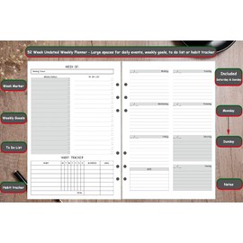 A5 Diary Refill Week to View Undated, 1 Week on 2 Pages with To Do List, Goals, Habit Tracker, Extra Notes Contact Pages, 52 Week, Weekly Planner Insert for A5 Binder, Thicker Paper 100 gsm, UK