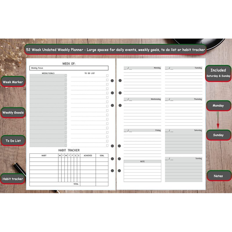 A5 Diary Refill Week to View Undated, 1 Week on