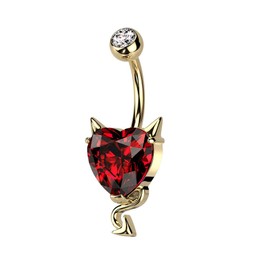 Pierced Owl 14GA 316L Stainless Steel CZ Crystal Heart with Devil Horns and Tail Belly Button Ring (Gold Tone)