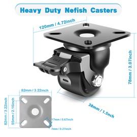 Nefish 2-Inch Heavy Duty Casters Set of 4, Industrial Grade Castors Wheels 2200 LBS, Low Gravity Plate Swivel Caster with Brake, Durable & Corrosion-Resistant Nylon Wheels for Industrial, Equipment