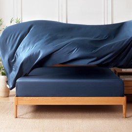 MR&HM Full Size Bed Sheets, 4-Piece Cooling Sheets, Rayon Derived from Bamboo & Polyester Blend, Soft & Silky, 15" Deep Pockets with Elastic Straps, Hotel Luxury for Hot Sleepers, Navy Blue