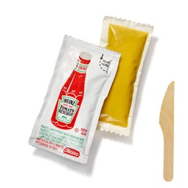 Concession Essentials Ketchup and Mustard Packets, 200 Count, 100 Each Flavor, 0.2-0.3 Oz with 5 Wooden Spreaders