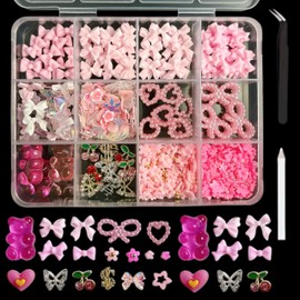 3D Pink Flower Nail Charms Y2K, Cute Resin Bear Star Heart Bow Nail Art, Gold Silver Butterfly Cherry Charms Nail Design for Women Nail Art Accessories Manicure DIY Crafts