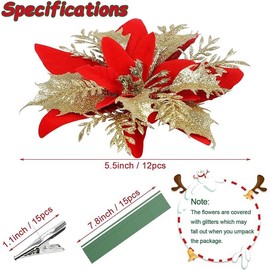 DERAYEE 12 x Christmas Glitter Poinsettia Flowers, Red Artificial Christmas Flowers with Clips and Stems for Christmas Tree Ornaments, Home Decoration (Red)
