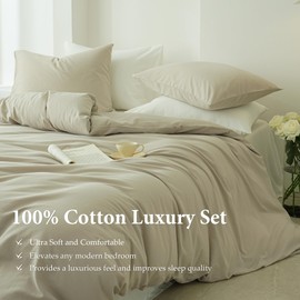 QKTE 100% Washed Cotton Duvet Cover Set 3PCS Linen Feel King Duvet Cover Breathable Durable Comfy Twill Bedding (Beige,104" x 92")