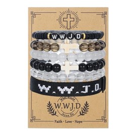 Pingyongchang W.W.J.D. Cross Bracelets Set for Women Men Boho Clay Glass Beaded Stackable Stretch Bracelets What Wound Jesus Do Bracelet Christian Religious Faith Jewelry Gift-Black