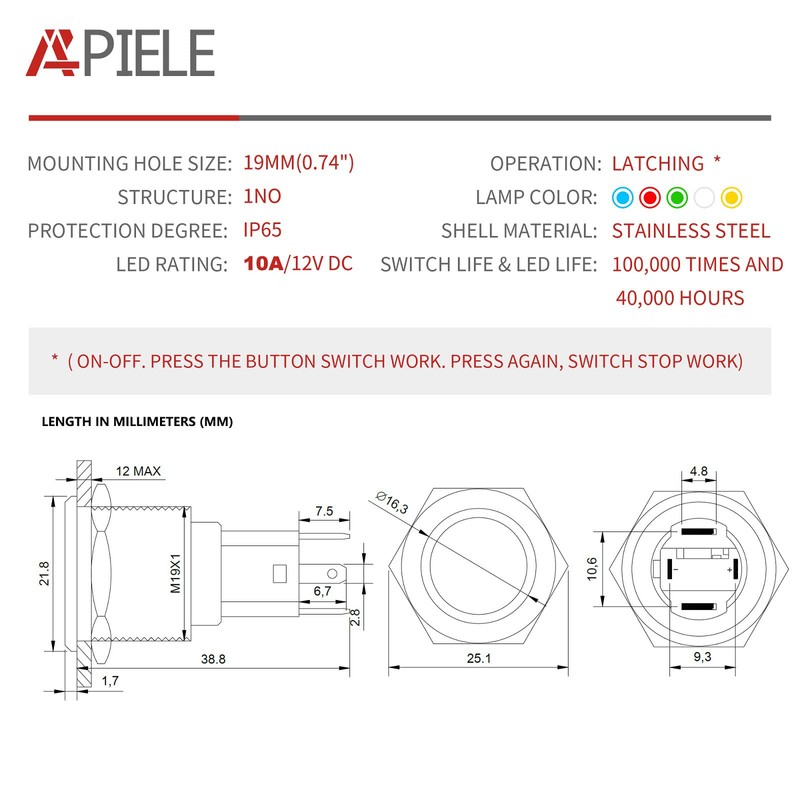 APIELE 10 Amp 19mm Latching Push Button Switch 12V SPST