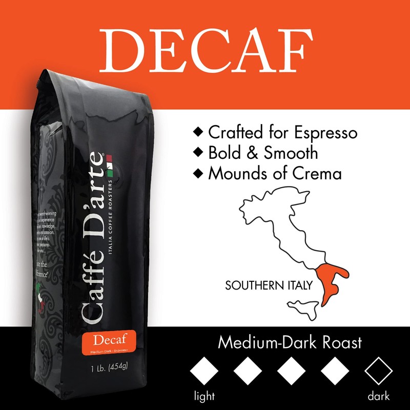Caffe D'arte Decaf Whole Bean Espresso Coffee, 1 Pound, Pack