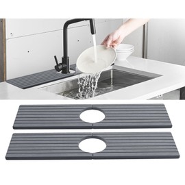 2-Pack Faucet Mat for Kitchen Sink, Diatomite Quick Drying Stone Mat, Splash Guard & Drip Catcher - 15.7x4 Inch Dark Grey, Durable for Faucet Bathroom Counter