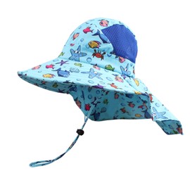 PESAAT Summer Toddler Girl Neck Protection Hat Wide Brim Kids Boys Bucket Hats UPF50+ Mesh Beach Cap 3-8 Years (Blue Ocean World（Neck Flap）)