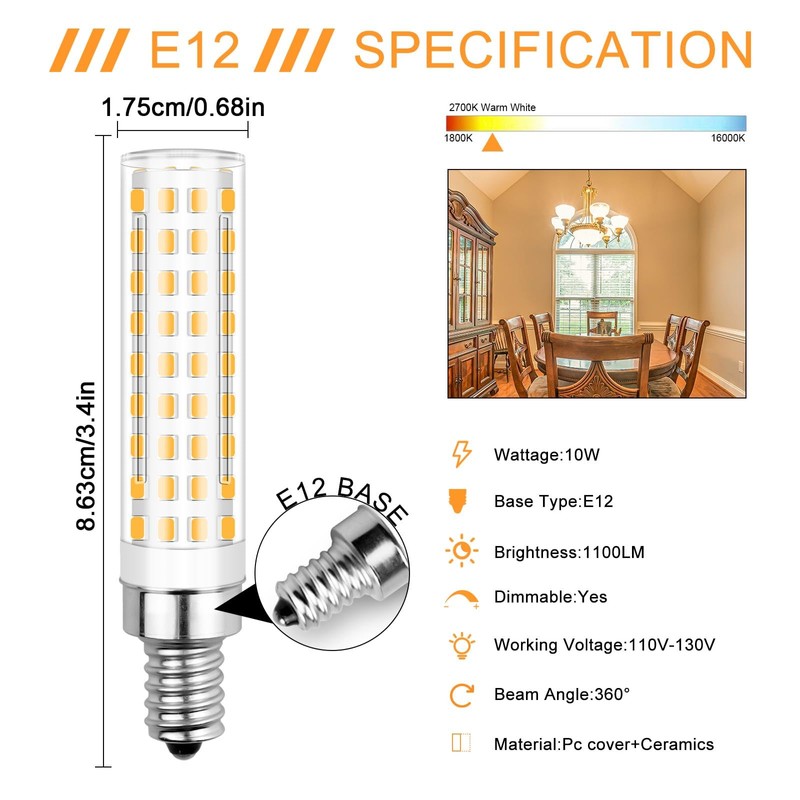 ZHENMING LED Light Bulbs Dimmable E12 10W LED Candelabra Bulbs