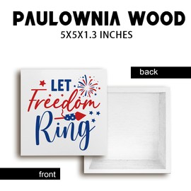 Fourth of July Decorations Independence Day Wooden Box Sign Decor Farmhouse Wood Plaque Box Sign Home Office Kitchen Bar Living Room Tiered Tray Tabletop