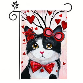 BlissYard Happy Valentine’s Day Garden Flag Double-Sided Cat with Red Bow Backdrop Design 12x18 Inches Garden Flag Set Yard Outdoor Flag for Holiday Decorations and Valentine’s Day Party Supplies