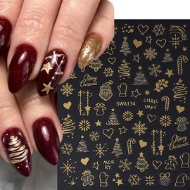 6 Sheets Christmas Nail Stickers Gold Sliver Snowflake Nail Art Stickers Decals 3D Self Adhesive Nail Decals Christmas Tree Heart Snowflakes Designs Winter Xmas Nail Stickers for Women DIY Manicure