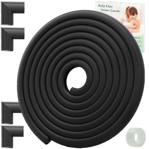 Safety Baby Edge Corner Guards Protector Set, 2.3M/7.5ft Edges Protector + 4 Corner Guards for Kids Foam, Furniture and Tables Child Baby Proof Bumpers, Pre-Taped for Direct Use Black