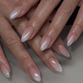 Ombre Press on Nails Medium Almond Fake Nails with Subtle Glitter Design - Nude Nails Press ons Reusable Acrylic Nails Glossy Full Cover Artificial Stick on Nails for Women Manicure 24 Pcs