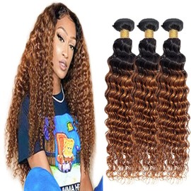 1B/30 Human Hair Bundles Deep Wave Bundles Human Hair 18 20 22Inch 3 Bundles Human Hair Deep Wave Human Hair Bundles Ombre Brown Bundles Human Hair Double Weft Hair Extensions(1B/30-DP-18 20 22)