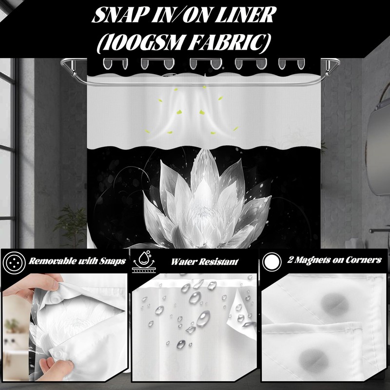 DLTAY Black and Grey Hookless Shower Curtain with Snap in